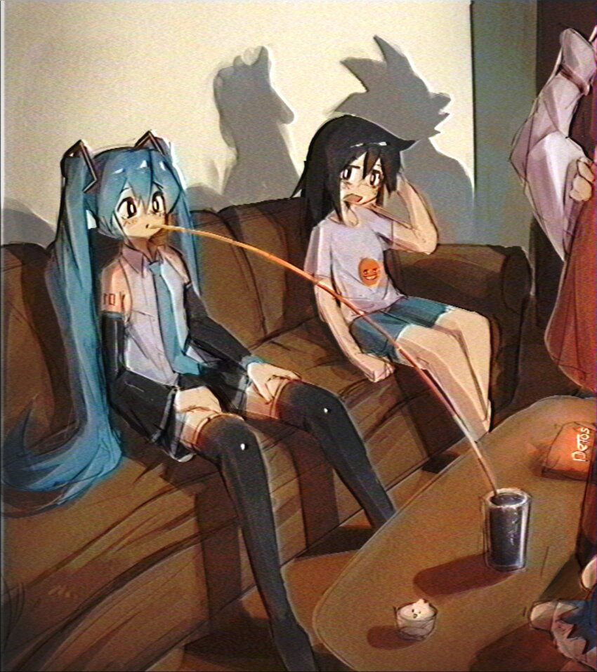 3girls annoying_orange aqua_hair aqua_necktie bags_under_eyes black_sleeves cirno couch cup detached_sleeves drinking drinking_straw fumo_(doll) grey_shirt hakurei_reimu hatsune_miku highres indoors kuroki_tomoko long_hair long_straw multiple_girls necktie shirt sitting son_goku t-shirt thighhighs twintails very_long_hair vocaloid watashi_ga_motenai_no_wa_dou_kangaetemo_omaera_ga_warui! zhykyon