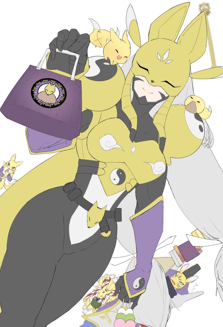 1girl armor bag black_bodysuit body_fur bodysuit breasts cowboy_shot digimon digimon_(creature) evolutionary_line fox_mask gold_armor highres hokanko0 holding holding_bag kitsune kyuubi kyuubimon mask medium_breasts multiple_tails pokomon_(digimon) relemon renamon sakuyamon simple_background solo_focus tail taomon white_background yellow_fur yellow_mask yin_yang