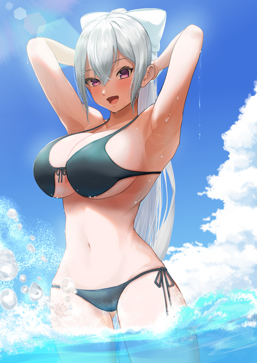 1girl absurdres armpits arms_behind_head bikini black_bikini blush bow cloud grey_hair hair_between_eyes hair_bow hair_ornament hairclip highres higuchi_kaede long_hair looking_at_viewer mole mole_under_eye navel nijisanji ocean open_mouth outdoors ponytail purple_eyes side-tie_bikini_bottom sky smile solo stomach swimsuit very_long_hair virtual_youtuber wading white_bow yuunoro.