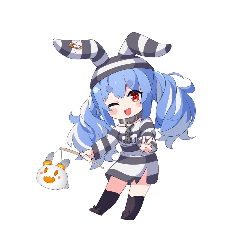 1girl ;d absurdres ame. black_footwear black_socks blue_hair blush_stickers chibi collar commentary_request dress full_body highres holding hololive kneehighs long_sleeves metal_collar multicolored_hair one_eye_closed open_mouth pekomon_(usada_pekora) rabbit-shaped_pupils red_eyes safety_pin short_eyebrows simple_background smile socks solo streaked_hair striped_clothes striped_dress striped_headwear symbol-shaped_pupils thick_eyebrows twintails usada_pekora usada_pekora_(prisoner) virtual_youtuber white_background white_hair