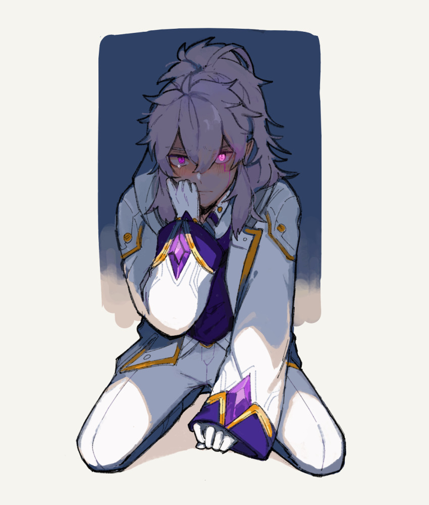 add_(elsword) buttons coat crying crying_with_eyes_open elsword facial_mark formal_clothes frown gem gold_trim hand_on_own_face high_ponytail highres kneeling long_coat mastermind_(elsword) mismatched_pupils pants pink_eyes ponytail purple_eyes purple_gemstone purple_suit purple_wrist_cuffs sa1008va simple_background suit tears white_background white_coat white_hair white_pants wrist_cuffs