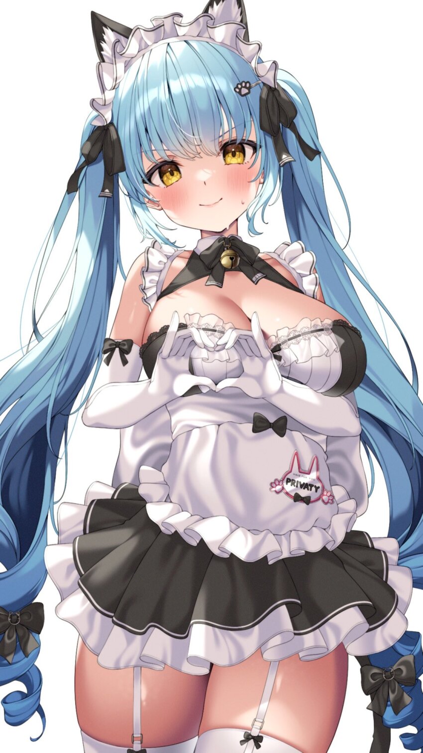 1girl @shun animal_ears apron black_dress blue_hair blush breasts cat_ears cat_tail collarbone dress drill_hair elbow_gloves fake_animal_ears fake_tail gloves goddess_of_victory:_nikke heart heart_hands highres large_breasts legwear_garter light_blue_hair long_hair maid maid_headdress neck_bell official_alternate_costume paw_hair_ornament privaty_(nikke) privaty_(unkind_maid)_(nikke) simple_background solo tail thighhighs thighs twin_drills twintails very_long_hair white_apron white_background white_gloves white_thighhighs yellow_eyes