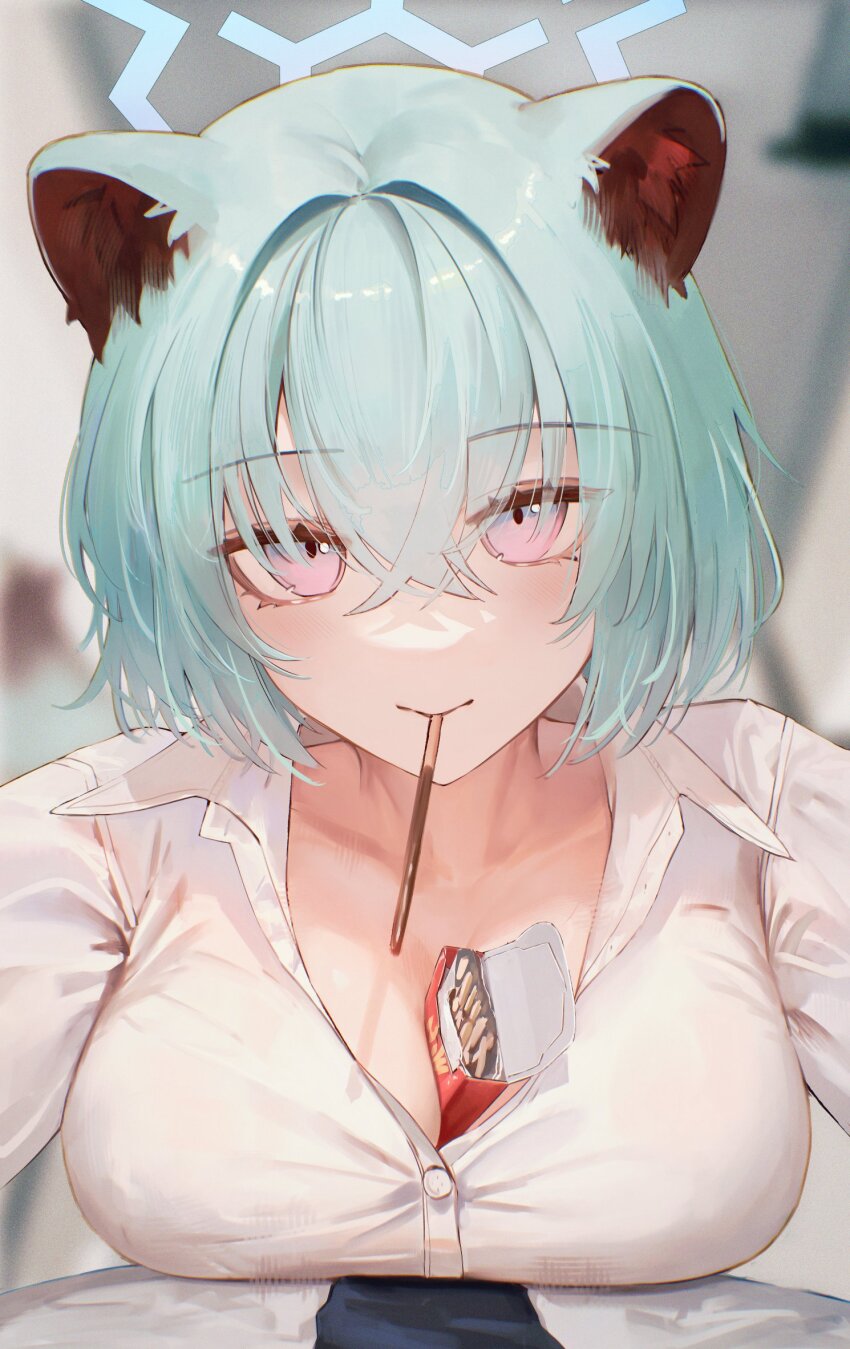 1girl 1other animal_ears blue_archive blue_hair blue_halo blue_necktie blurry breasts collarbone collared_shirt colored_inner_animal_ears depth_of_field flippy_(cripine111) food hair_between_eyes hair_intakes halo highres incoming_pocky_kiss large_breasts necktie open_clothes open_shirt pink_eyes pocky pocky_day shigure_(kancolle) shirt short_hair white_shirt