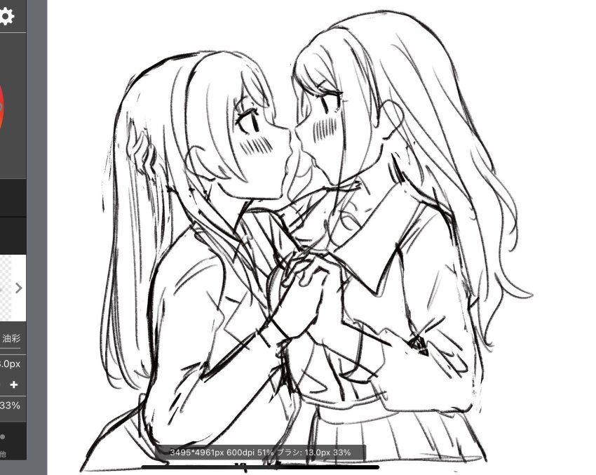 2girls after_kiss art_program_in_frame bang_dream! bang_dream!_it&#039;s_mygo!!!!! blush chihaya_anon commentary_request extreme_yuri_buta eye_contact greyscale hand_in_another&#039;s_hair haneoka_school_uniform highres interlocked_fingers long_hair looking_at_another monochrome multiple_girls nagasaki_soyo pleated_skirt saliva saliva_trail school_uniform shirt sketch skirt tsukinomori_school_uniform yuri