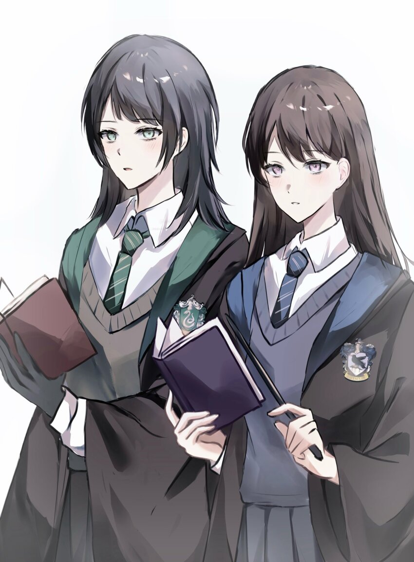 2girls bang_dream! bang_dream!_it&#039;s_mygo!!!!! black_gloves black_hair black_robe blue_necktie blue_sweater_vest blush book brown_hair brown_sweater_vest chinese_commentary commentary_request diagonal-striped_clothes diagonal-striped_necktie gloves green_eyes green_necktie grey_skirt highres hogwarts_school_uniform holding holding_wand long_hair long_sleeves medium_hair multiple_girls necktie no_mole open_book open_clothes open_mouth open_robe purple_eyes robe school_uniform shiina_taki shirt simple_background skirt striped_clothes sweater_vest wand white_background white_shirt wizarding_world yahata_umiri yingdaoyicha