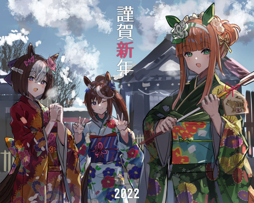 3girls animal_ears double_v highres horse_ears horse_girl japanese_clothes kimono long_hair looking_at_viewer multiple_girls ponytail short_hair silence_suzuka_(umamusume) special_week_(umamusume) the_olphy tokai_teio_(umamusume) umamusume v