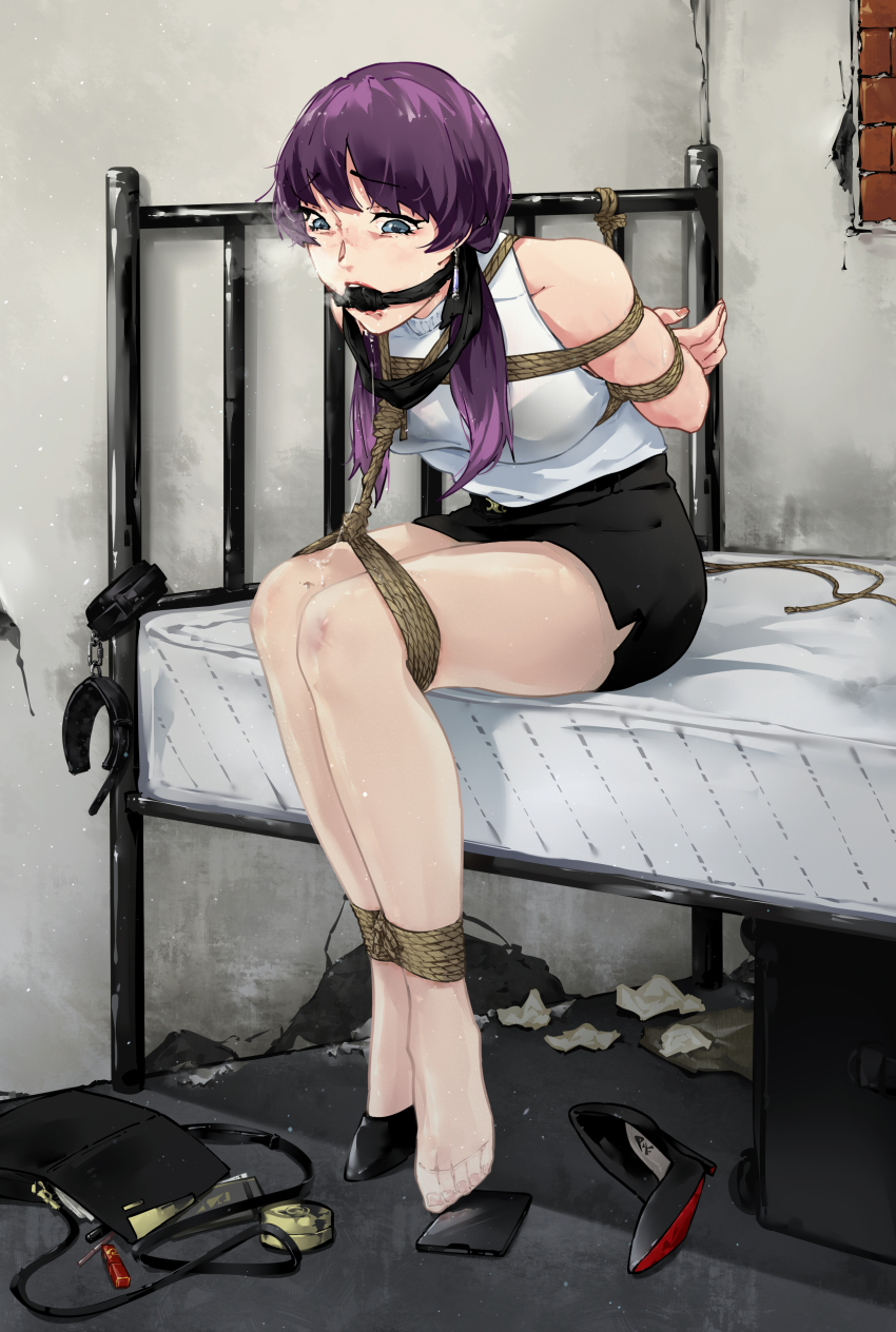 absurdres bdsm bed bondage bound christian_louboutin_(brand) cuffs gag handcuffs high_heels highres kidnapping low_twintails original pantyhose pencil_skirt pick&#039;k purple_hair restrained rope shibari shibari_over_clothes shoes skirt twintails unworn_shoes