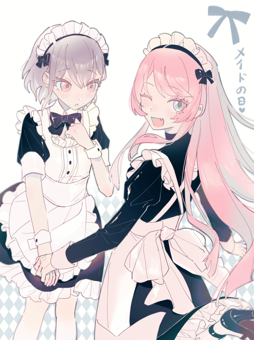 2girls absurdres apron bang_dream! bang_dream!_it&#039;s_mygo!!!!! black_dress brown_eyes chihaya_anon chinese_commentary commentary dress fang frilled_apron frills grey_eyes grey_hair highres holding_hands juliet_sleeves long_hair long_sleeves maid maid_apron maid_day maid_headdress multiple_girls one_eye_closed open_mouth pink_hair puffy_sleeves short_hair short_sleeves simoco takamatsu_tomori white_apron