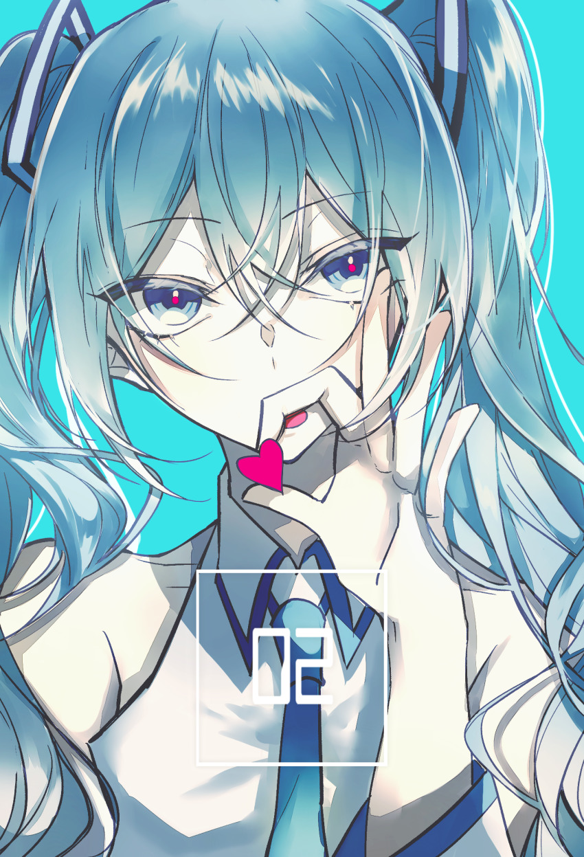 1girl aqua_background blue_eyes blue_hair blue_necktie close-up commentary ggatip hair_between_eyes hatsune_miku heart highres looking_at_viewer necktie solo twintails vocaloid