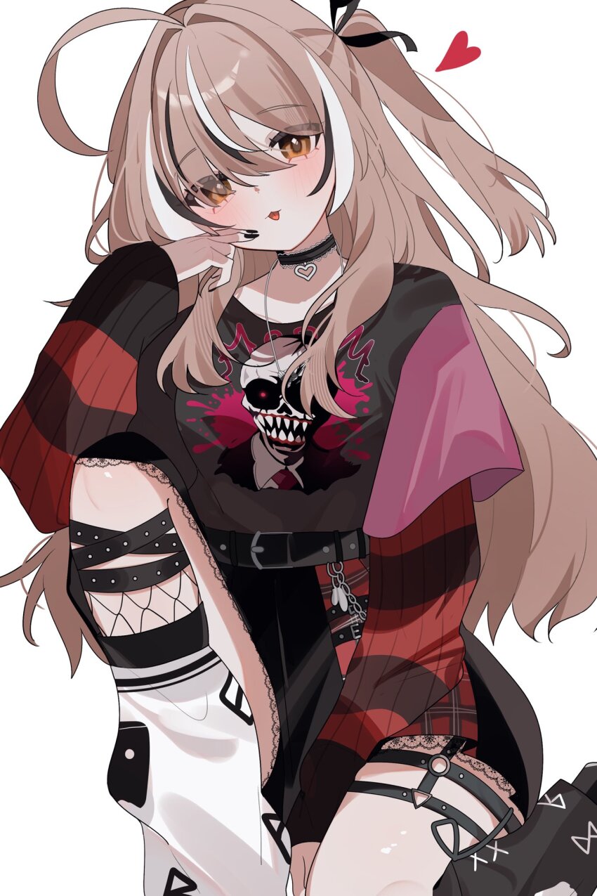 1girl :3 ahoge belt belt_chain between_legs black_choker black_leg_warmers black_nails black_ribbon black_shirt black_skirt black_sweater brown_eyes brown_hair choker emo_fashion fishnets hair_over_one_eye hair_ribbon hana20000920 hand_between_legs hand_up heart heart_choker highres hololive hololive_english huge_ahoge knee_up lace-trimmed_choker lace_trim leg_warmers long_hair looking_at_viewer multicolored_hair nanashi_mumei nanashi_mumei_(emo) nightmare_(nanashi_mumei) o-ring o-ring_thigh_strap official_alternate_costume one_side_up plaid_clothes plaid_skirt pleated_skirt red_sweater ribbon runes shirt shirt_tucked_in sitting skirt streaked_hair striped_clothes striped_sweater sweater sweater_under_shirt t-shirt thigh_strap tongue tongue_out torn_clothes torn_sweater two-tone_sweater very_long_hair virtual_youtuber wavy_hair white_leg_warmers