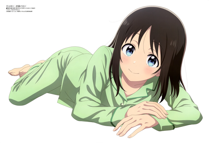 1girl absurdres aquastar_inc. black_hair blue_eyes closed_mouth collarbone copyright_name copyright_notice green_pajamas hana_wa_saku_shura_no_gotoku haruyama_hana head_tilt highres light_blush long_hair looking_at_viewer lying magazine_scan megami_magazine official_art on_stomach pajamas raised_eyebrows scan simple_background smile solo white_background