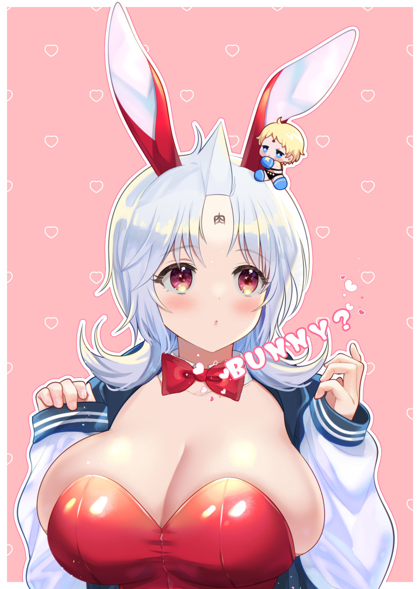 1girl animal_ears artist_request blush breasts cleavage detached_collar english_text fake_animal_ears highres kinnikuman kinnikuman_lady kinnikuman_lady_(character) large_breasts leotard looking_to_the_side medium_hair pink_background playboy_bunny rabbit_ears red_eyes shiny_skin white_hair