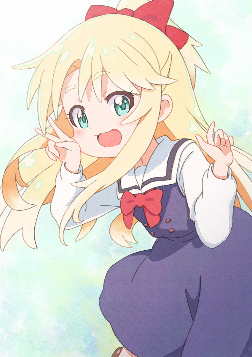 1girl :3 :d abstract_background blonde_hair blue_dress blush bow bowtie brown_footwear cowboy_shot dress green_eyes hair_bow highres himesaka_noa koyatorio long_hair long_sleeves looking_at_viewer open_mouth pinafore_dress red_bow red_bowtie sailor_collar sailor_dress shoes sleeveless sleeveless_dress smile solo standing thick_eyebrows upper_body v watashi_ni_tenshi_ga_maiorita! white_sailor_collar