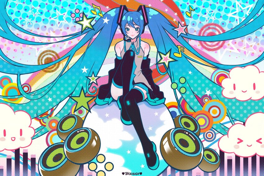 1girl abstract_background aqua_eyes aqua_hair aqua_necktie bare_shoulders black_sleeves cloud commentary detached_sleeves english_commentary frutiger_metro grey_shirt hatsune_miku headset long_hair looking_at_viewer necktie shirt sitting skirt sleeveless smile solo speaker thighhighs twintails very_long_hair vicki_tsai vocaloid