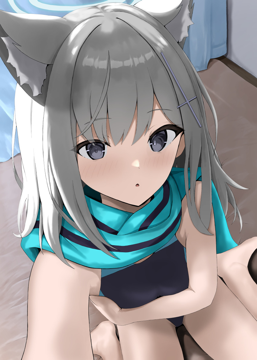 1girl absurdres animal_ear_fluff animal_ears bare_legs barefoot blue_archive blue_eyes blue_one-piece_swimsuit blue_scarf blush cross_hair_ornament disuto grey_hair hair_between_eyes hair_ornament highres kneeling long_hair looking_at_viewer on_floor one-piece_swimsuit scarf selfie shiroko_(blue_archive) sidelocks swimsuit wolf_ears wolf_girl