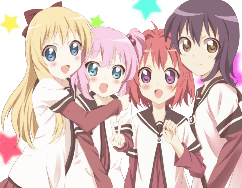 4girls akaza_akari black_hair blue_eyes brown_eyes dress funami_yui hair_bobbles hair_ornament highres hug layered_sleeves long_hair long_sleeves multiple_girls pink_hair purple_eyes sailor_dress school_uniform serafuku short_hair short_over_long_sleeves short_sleeves star_(symbol) suzaku_(oekaki_no_sekai) toshinou_kyouko twintails upper_body v yoshikawa_chinatsu yuru_yuri