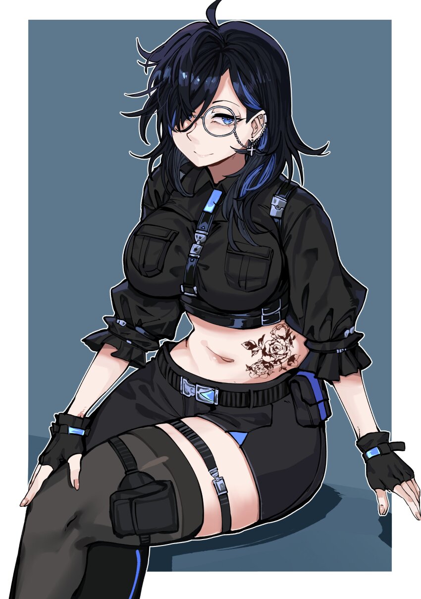 1girl absurdres ahoge antares_topaz asymmetrical_pants ayase_yuu black_hair black_pants blue_hair border breasts commission cropped_shirt cross cross_earrings earrings feet_out_of_frame fingerless_gloves glasses gloves hair_over_one_eye hand_on_own_leg highres invisible_chair jewelry large_breasts looking_at_viewer outside_border pants phase_connect phase_connect_jp round_eyewear single_thighhigh sitting smile solo stomach_tattoo tattoo thighhighs virtual_youtuber white_border