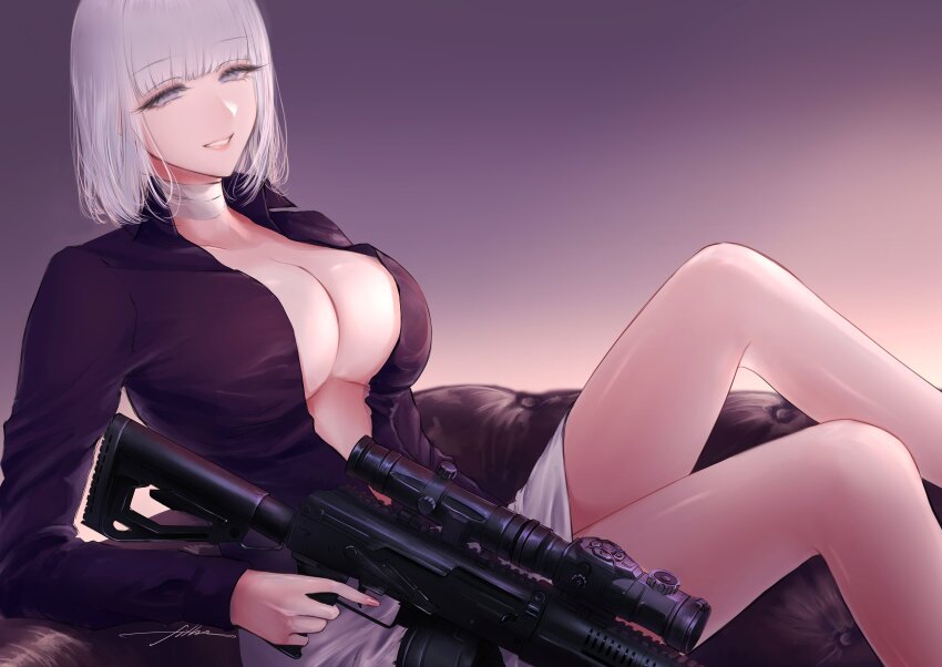 1girl absurdres bandaged_neck bandages breasts cleavage couch feet_out_of_frame filha girls&#039;_frontline grey_hair gun highres holding holding_gun holding_weapon large_breasts light_machine_gun light_smile looking_at_viewer machine_gun official_alternate_costume on_couch parted_lips purple_eyes purple_shirt rpk-16 rpk-16_(girls&#039;_frontline) rpk-16_(renate)_(girls&#039;_frontline) scope shirt short_hair signature solo teeth unbuttoned unbuttoned_shirt weapon