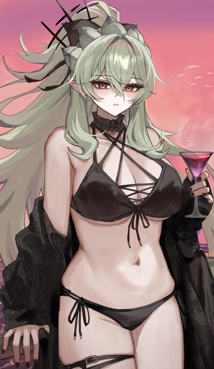 1girl arigiep bare_shoulders bikini black_bikini black_nails black_ribbon breasts brown_eyes buckle cleavage collarbone cowboy_shot cup drinking_glass frills front-tie_bikini_top front-tie_top green_hair highres holding holding_cup large_breasts long_hair long_sleeves looking_at_viewer monster_hunter_(series) nail_polish navel neck_garter off_shoulder open_clothes outdoors parted_lips pointy_ears ponytail rathian red_sky ribbon side-tie_bikini_bottom skindentation sky solo stomach swimsuit thigh_strap very_long_hair