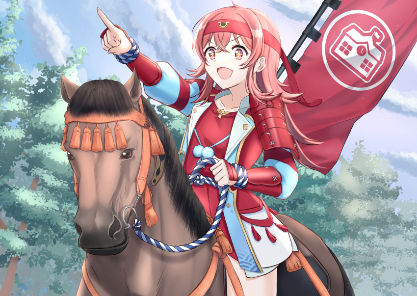 +_+ 1girl armor banner collarbone cosplay headband highres holding holding_reins horse horseback_riding idolmaster idolmaster_shiny_colors japanese_armor jj_(zero_rin7) komiya_kaho kote kouno_hiyori long_hair no_reason_(racehorse) no_reason_(umamusume) no_reason_(umamusume)_(cosplay) nobori outdoors pink_hair pointing real_life red_headband reins riding sashimono shoulder_armor sode tassel umamusume voice_actor_connection