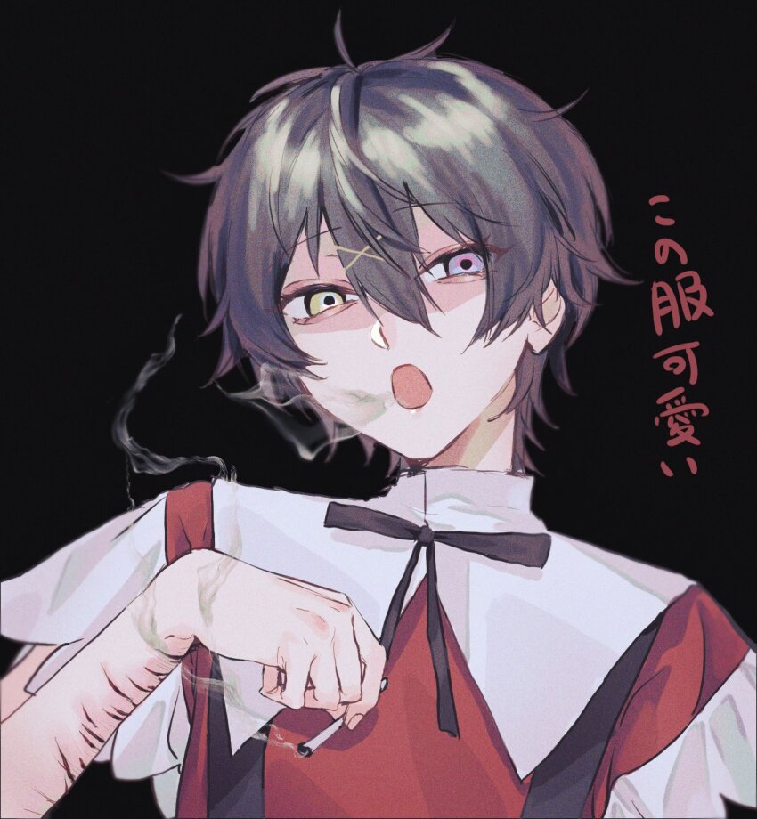 1boy :o ame-chan_(needy_girl_overdose) ame-chan_(needy_girl_overdose)_(cosplay) arm_up bishounen black_background black_hair black_ribbon blood cigarette collared_shirt commentary_request cosplay cuts dried_blood ensemble_stars! eyeshadow hair_between_eyes hair_ornament heterochromia highres hnd15098770 holding holding_cigarette injury kagehira_mika looking_at_viewer makeup male_focus neck neck_ribbon needy_girl_overdose portrait purple_eyes red_eyeshadow red_shirt ribbon scar scar_on_arm self-harm self-harm_scar shirt smoke smoking solo suspenders translation_request uncensored upper_body x_hair_ornament yellow_eyes