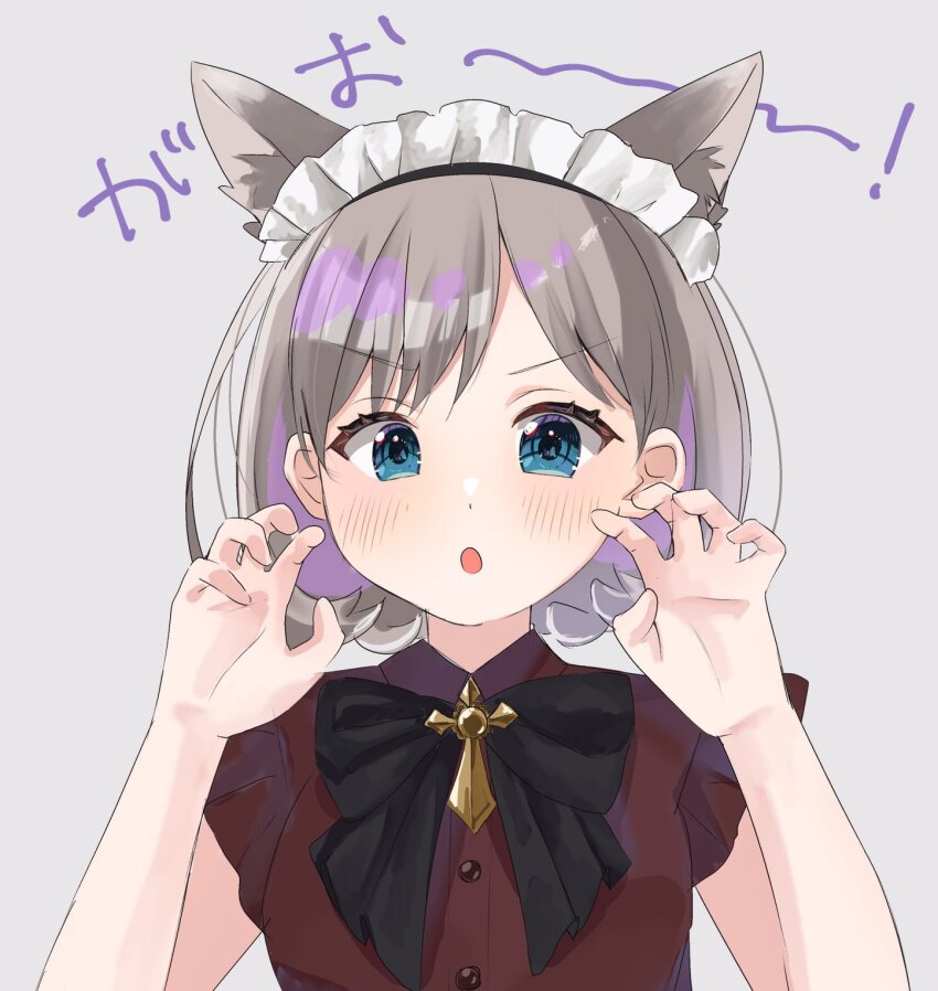 1girl :o alternate_costume animal_ear_fluff animal_ears blue_eyes blush brown_shirt cat_ears claw_pose commentary cross_brooch enmaided frilled_shirt frills gao grey_background grey_hair highres kemonomimi_mode looking_at_viewer love_live! love_live!_superstar!! maid maid_headdress nako_(mi0907_mi) parted_bangs shirt short_hair short_sleeves simple_background solo tang_keke upper_body