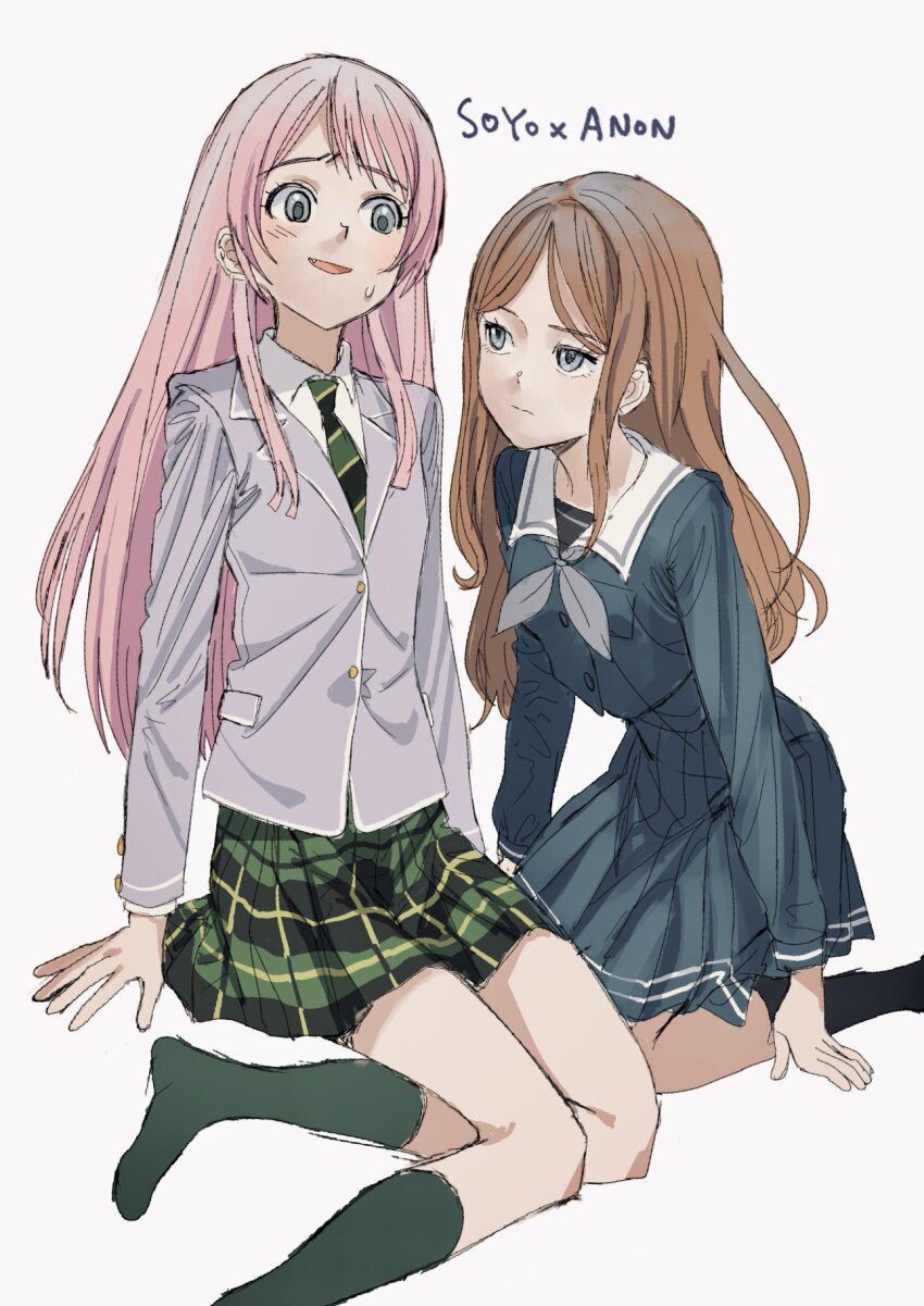 2girls bang_dream! bang_dream!_it&#039;s_mygo!!!!! bilingual_commentary blazer blue_eyes blue_shirt blue_skirt brown_hair bub_bub20 character_name chihaya_anon closed_mouth collared_shirt commentary diagonal-striped_clothes diagonal-striped_necktie fang green_necktie green_skirt grey_eyes grey_jacket haneoka_school_uniform highres jacket kneehighs korean_commentary long_hair looking_at_another mixed-language_commentary multiple_girls nagasaki_soyo necktie no_shoes open_mouth parted_bangs pink_hair plaid_clothes plaid_skirt pleated_skirt school_uniform ship_name shirt sidelocks simple_background sitting skirt socks striped_clothes sweatdrop tsukinomori_school_uniform white_background white_shirt