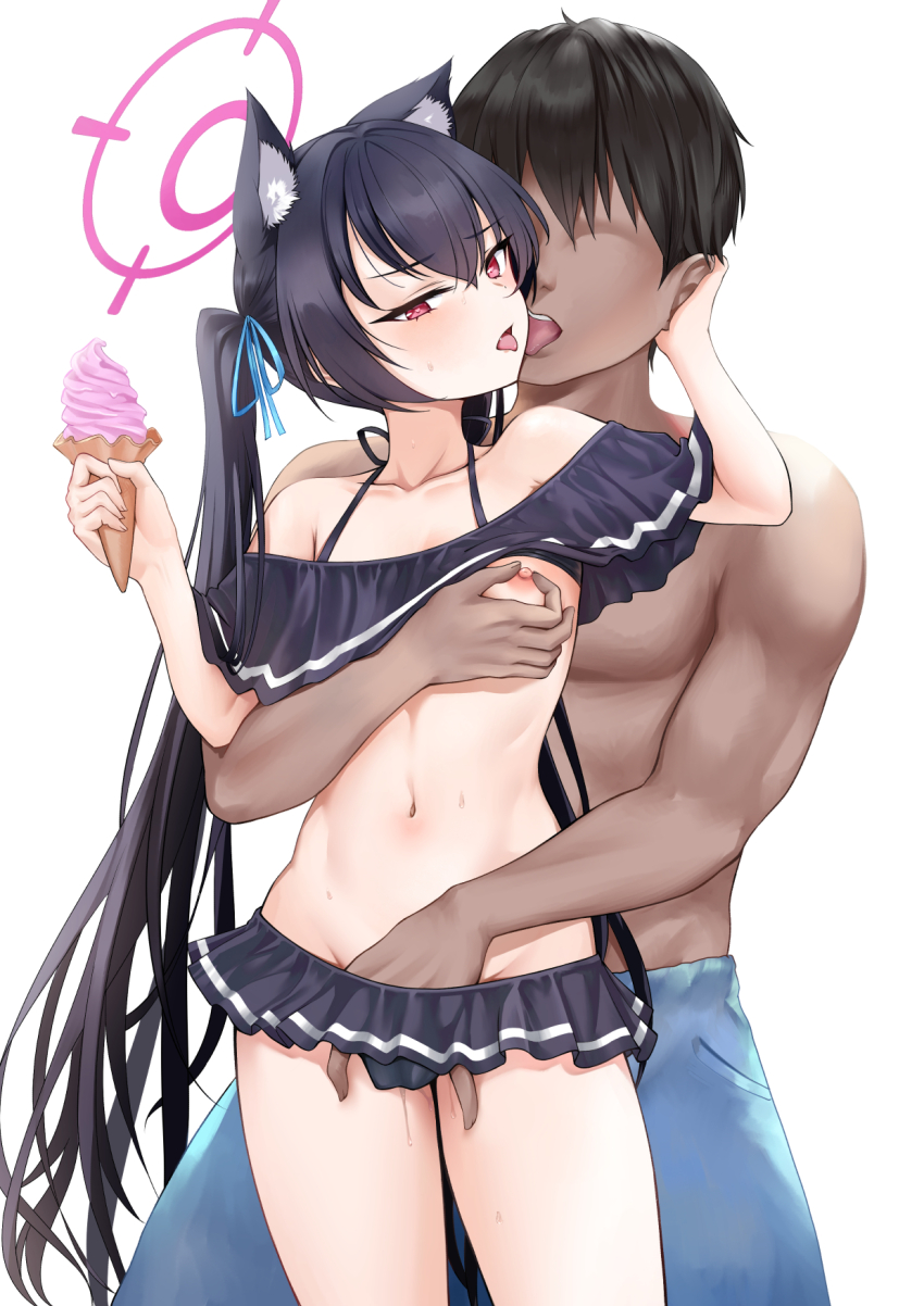 1boy 1girl animal_ear_fluff animal_ears bare_arms bare_legs bare_shoulders bikini black_bikini black_hair blue_archive blush breasts cat_ears collarbone extra_ears fingering food frilled_bikini frills gebukoro123 halo highres holding holding_food ice_cream long_hair navel nipple_stimulation nipples official_alternate_costume open_mouth pink_halo red_eyes serika_(blue_archive) serika_(swimsuit)_(blue_archive) short_hair simple_background small_breasts swimsuit tongue tongue_out twintails white_background