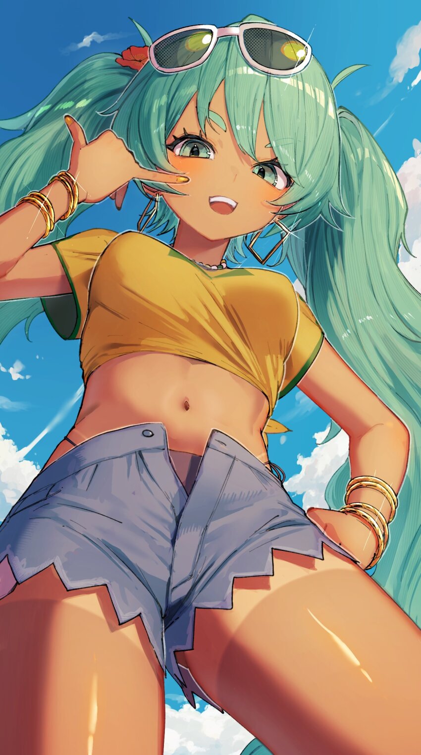 1girl absurdres aqua_hair bead_choker bikini blue_shorts blue_sky bracelet brazilian_miku breasts cloud crop_top denim denim_shorts earrings eyewear_on_head flower from_below hair_flower hair_ornament hand_on_own_hip hand_up hatsune_miku highres inoshishi969 jewelry long_hair looking_at_viewer multiple_bracelets navel open_mouth print_shirt red_flower shaka_sign shirt shorts side-tie_bikini_bottom sky smile standing sunglasses swimsuit tan tanline teeth thighs tied_shirt upper_teeth_only very_long_hair vocaloid yellow_nails