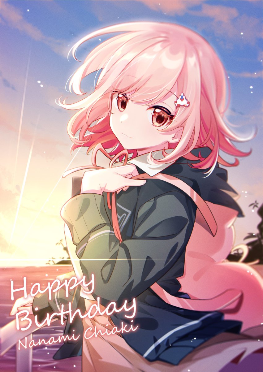 1girl absurdres animal_bag backpack bag black_jacket brown_skirt cat_bag character_name dated day flipped_hair galaga hair_ornament happy_birthday highres hood jacket looking_at_viewer medium_hair midou_(grk12138) nanami_chiaki neck_ribbon open_clothes open_jacket outdoors pink_bag pink_eyes pink_ribbon ribbon shirt skirt smile solo water