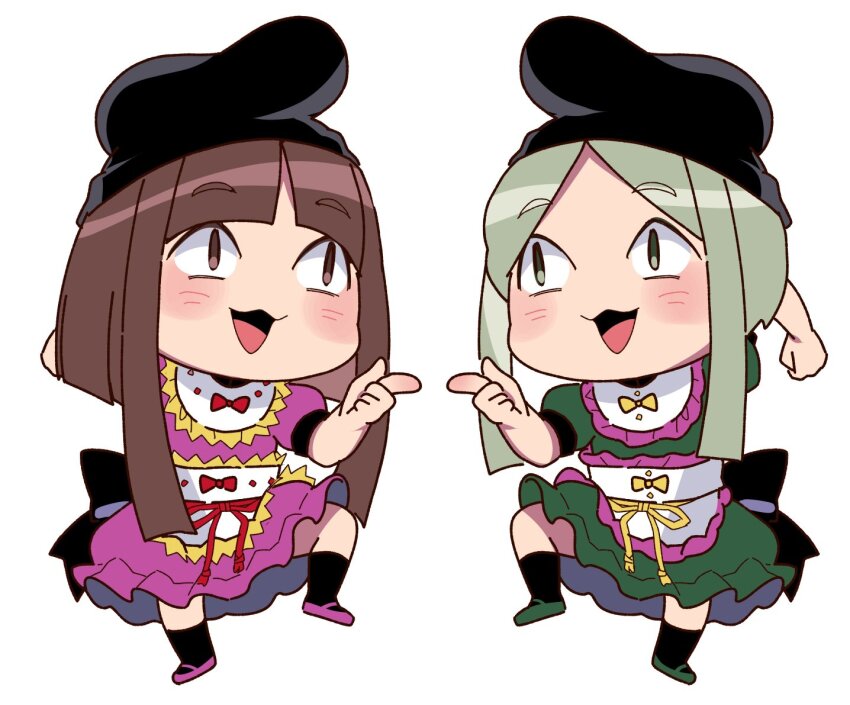 2girls black_hat brown_hair chibi dress full_body green_dress green_hair hat kaede_(mmkeyy) multiple_girls nishida_satono pink_dress simple_background smile teireida_mai touhou white_background