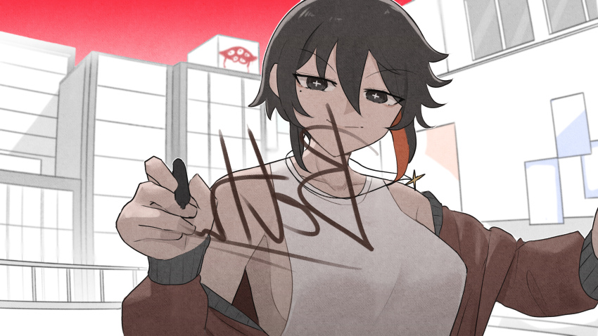 1girl absurdres black_hair breasts building clothing_cutout collarbone graffiti hair_between_eyes highres holding holding_marker jacket large_breasts long_sleeves looking_at_viewer marker mata_(matasoup) mole mole_under_eye multicolored_hair no_bra open_clothes open_jacket original red_hair red_jacket shirt short_hair short_sleeves side_cutout sideboob sidelocks smile solo star_(symbol) star_in_eye streaked_hair symbol_in_eye white_shirt window