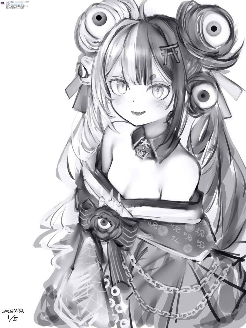 1girl absurdres chain dated detached_collar dodomeki_akuru dress extra_eyes fang flat_chest greyscale hair_bun hair_ornament highres indie_virtual_youtuber monochrome nanashi_(nlo) off-shoulder_dress off_shoulder open_mouth quad_bun short_eyebrows simple_background smile solo translation_request twintails upper_body virtual_youtuber white_background