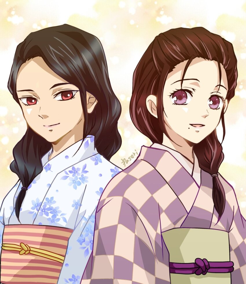 2girls artist_name black_hair blue_kimono brown_hair checkered_clothes checkered_kimono floral_print highres japanese_clothes kamado_kie kimetsu_no_yaiba kimono long_hair looking_at_viewer mole mole_under_mouth multiple_girls obi obijime open_mouth paseri_(l7dgtxtsnlmfwlb) purple_eyes red_eyes rengoku_ruka sash upper_body