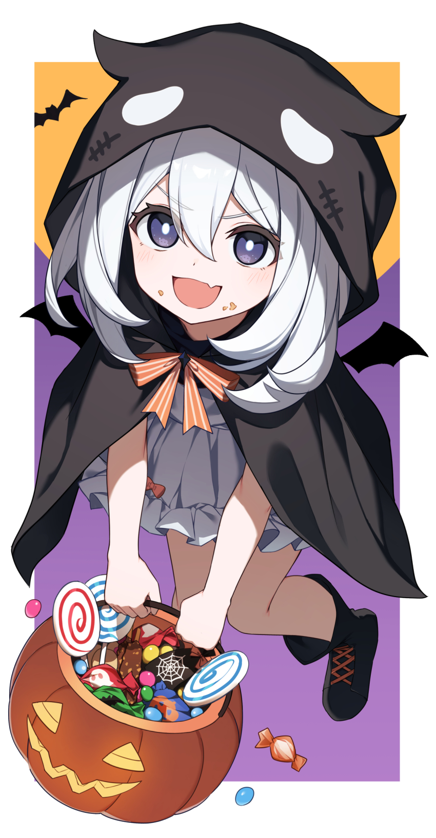 1girl :d absurdres basket black_cloak black_footwear boots bright_pupils candy cloak dress food food_on_face genshin_impact grey_dress highres holding holding_basket hood hooded_cloak lollipop open_mouth paimon_(genshin_impact) purple_eyes short_hair smile solo white_hair white_pupils yuu_maraa