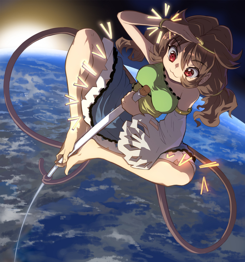 bo_staff circlet detached_sleeves dress monkey_girl monkey_tail multicolored_dress prehensile_tail single-shoulder_dress single_detached_sleeve son_biten syope tail touhou