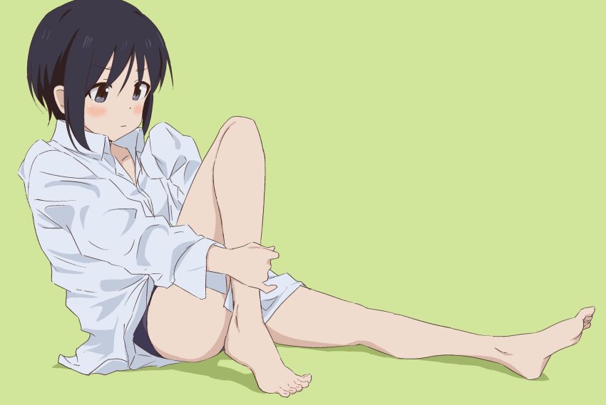 1girl bare_legs barefoot black_hair blue_eyes blush closed_mouth collared_shirt dot_nose feet green_background highres kurosaki_honoka leg_hold legs panties shirt short_hair simple_background sitting solo underwear white_shirt yama_no_susume yasukiyamako