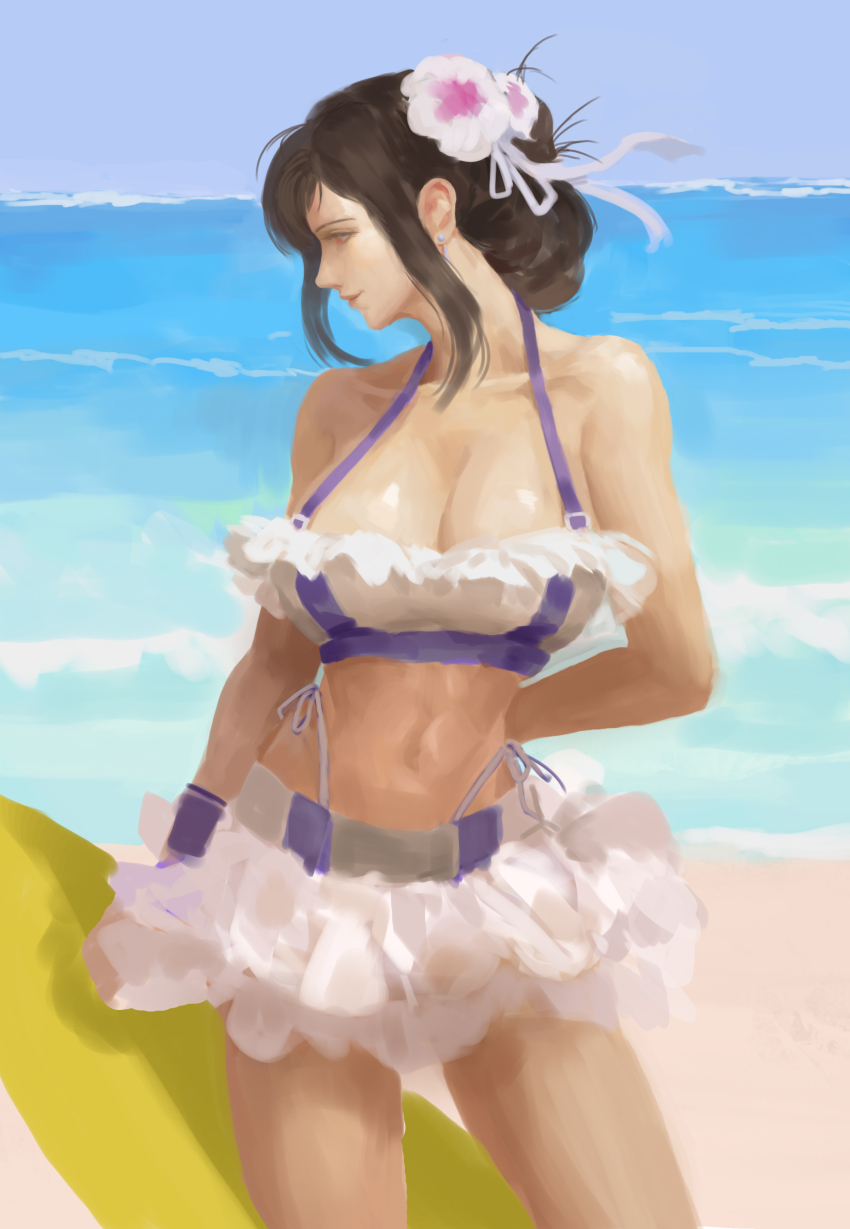 1girl absurdres arm_behind_back bare_shoulders beach bikini bikini_skirt black_hair blue_sky breasts cleavage closed_mouth collarbone commentary cowboy_shot earrings english_commentary final_fantasy final_fantasy_vii final_fantasy_vii_rebirth final_fantasy_vii_remake flower frilled_bikini frills hair_flower hair_ornament halterneck highleg highleg_bikini highres horizon jewelry large_breasts long_hair looking_to_the_side navel ocean official_alternate_costume official_alternate_hairstyle outdoors profile red_eyes sand side-tie_bikini_bottom sidelocks sky solo stomach swimsuit tifa_lockhart tifa_lockhart_(shining_spirit) water waves white_bikini wristband zoewingsz