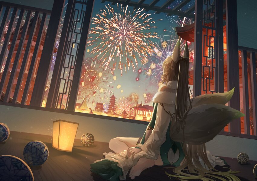 1girl animal_ears ball bare_shoulders blonde_hair commission detached_sleeves dress fireworks fox_ears fox_girl fox_tail from_behind fur-trimmed_sleeves fur_trim green_dress highres indoors long_hair long_sleeves multiple_tails night night_sky original ponytail sitting skeb_commission sky solo someaka suirin_(tukikagerou) tail temari_ball wariza