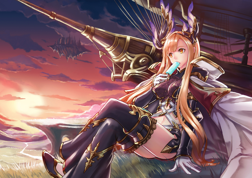 10s 1girl cloak female_focus floating_island food gloves granblue_fantasy highres iyokamioto navel orange_hair popsicle ship solo thighhighs tweyen_(granblue_fantasy) watercraft yellow_eyes