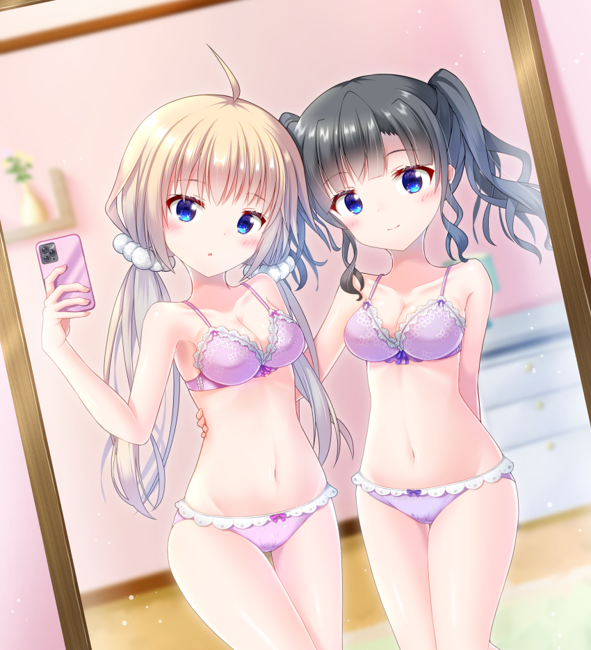 2girls ahoge arm_around_back arm_behind_back aunt_and_niece black_hair blonde_hair blue_eyes blurry blurry_background blush bow bow_bra bow_panties bra breasts cellphone cleavage closed_mouth collarbone commentary desk_lamp dot_nose drawer dutch_angle feet_out_of_frame fingernails floral_print frilled_bra frilled_panties frills full-length_mirror getsuyoshi groin hair_ornament hair_scrunchie hand_up head_tilt highres holding holding_phone itsumura_haruka itsumura_yukari lace lace_bra lamp lingerie long_hair looking_at_mirror looking_at_viewer low_twintails medium_breasts medium_hair mirror multiple_girls navel panties parted_lips phone pink_bow pink_bra pink_panties plant potted_plant print_bra print_panties purple_bow purple_bra purple_panties re:stage! reflection scrunchie selfie shelf short_twintails sidelocks smartphone smile twintails underwear underwear_only white_scrunchie