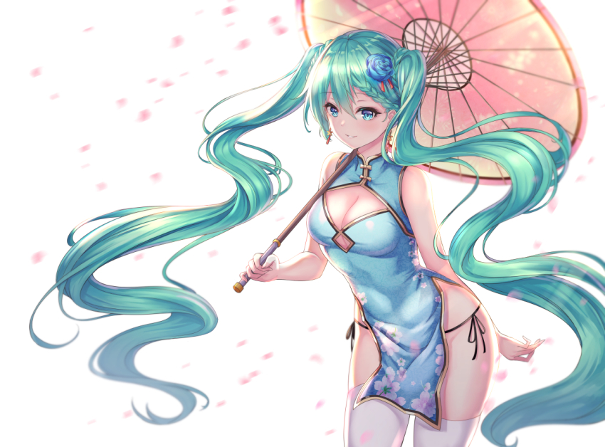 1girl alternate_breast_size aqua_hair bare_arms bare_shoulders black_panties black_ribbon blue_dress blue_eyes blue_flower blue_rose blush braid breasts cenangam cleavage_cutout closed_eyes clothing_cutout cowboy_shot dress earrings female_focus floral_print flower hatsune_miku holding holding_umbrella jewelry leaning_forward long_hair looking_at_viewer medium_breasts oil-paper_umbrella panties parted_lips pelvic_curtain print_dress ribbon rose side-tie_panties simple_background sleeveless sleeveless_dress solo standing tareme thighhighs twintails umbrella underwear very_long_hair vocaloid white_background white_thighhighs