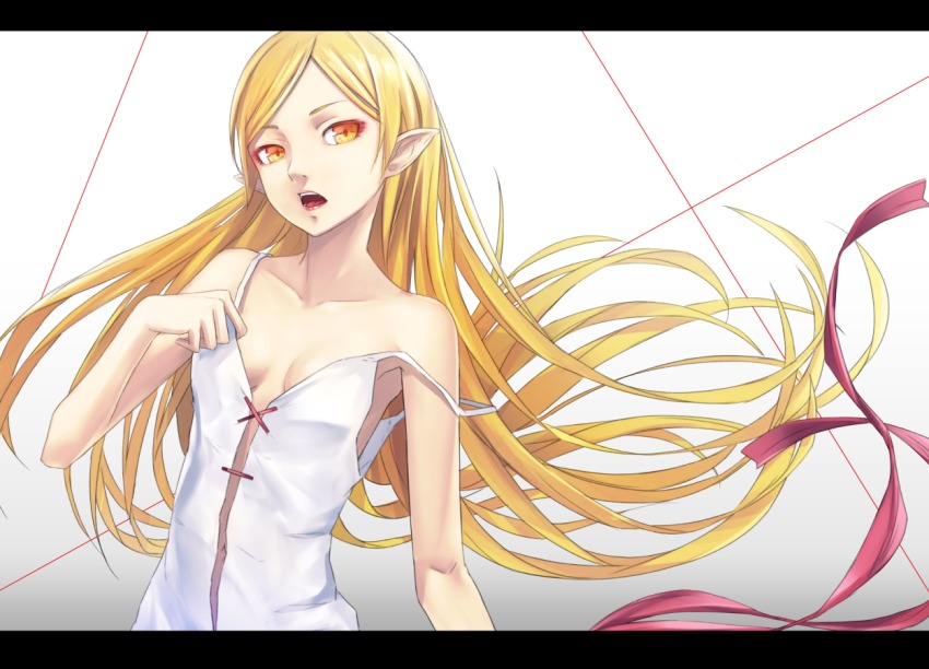 10s 1girl bare_shoulders blonde_hair breasts cleavage female_focus kiss-shot_acerola-orion_heart-under-blade kizumonogatari letterboxed lips long_hair looking_away monogatari_(series) off_shoulder open_mouth oshino_shinobu pointy_ears ribbon solo sugi_214 yellow_eyes