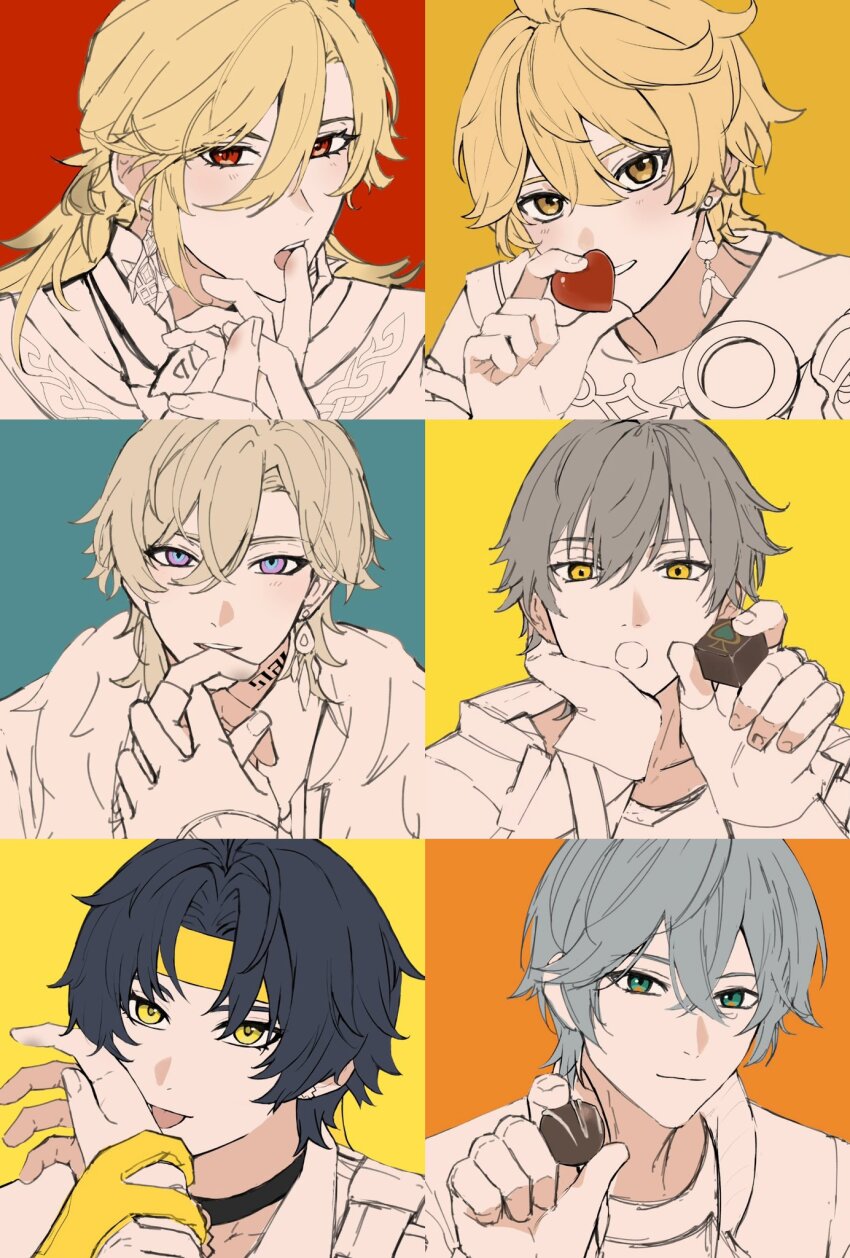 6+boys aether_(genshin_impact) ahoge aqua_eyes armor asaba_harumasa aventurine_(honkai:_star_rail) black_choker black_hair blonde_hair blue_background blue_eyes blush braid caelus_(honkai:_star_rail) candy chocolate chocolate_heart choker closed_mouth coat collared_shirt colorful_background commentary_request company_connection crossed_bangs crossover dashi_oeuf earrings fingerless_gloves fingernails food fur-trimmed_jacket fur_trim genshin_impact gloves grey_hair hair_between_eyes hand_on_own_face hand_up hands_up headband heart heart-shaped_food highres holding holding_another&#039;s_wrist holding_chocolate holding_food holding_hands honkai:_star_rail honkai_(series) hood hooded_coat jacket jewelry kaveh_(genshin_impact) licking licking_hand long_hair long_sleeves looking_at_viewer male_focus medium_hair mihoyo multicolored_eyes multiple_boys neck_tattoo open_clothes open_coat open_jacket open_mouth orange_background partially_fingerless_gloves purple_eyes red_background red_eyes scarf shirt short_hair shoulder_armor single_earring smile t-shirt tattoo teeth tongue tongue_out trailblazer_(honkai:_star_rail) upper_body valentine wise_(zenless_zone_zero) yellow_background yellow_eyes yellow_gloves yellow_headband zenless_zone_zero