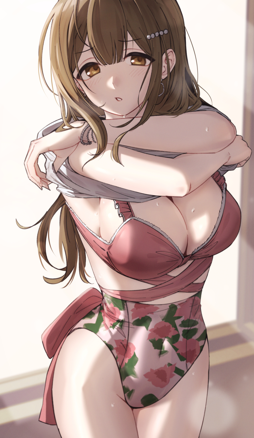 1girl 24riside absurdres backlighting breasts brown_eyes brown_hair dressing floral_print highleg highleg_one-piece_swimsuit highres idolmaster idolmaster_shiny_colors kuwayama_chiyuki large_breasts looking_at_viewer one-piece_swimsuit sweat swimsuit tagme