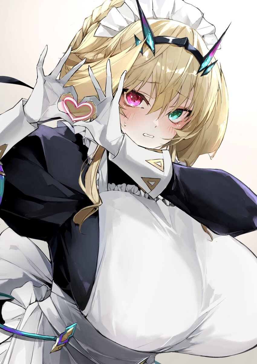 1girl apron barghest_(fate) barghest_(swimsuit_archer)_(fate) barghest_(swimsuit_archer)_(second_ascension)_(fate) black_dress blonde_hair blush breasts collared_dress dress fate/grand_order fate_(series) gloves green_eyes heart heart_hands heterochromia highres horns huge_breasts kino_kokko long_sleeves looking_at_viewer maid maid_headdress medium_hair red_eyes solo white_apron white_gloves