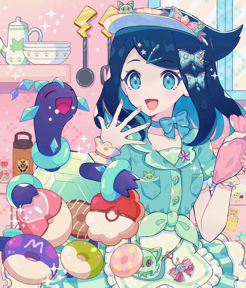 1girl apron black_hair candy closed_eyes creatures_(company) food frills game_freak hair_ornament hair_ribbon hairclip haru_(haruxxe) highres liko_(pokemon) nintendo open_mouth pokemon pokemon_(anime) pokemon_horizons ribbon shirt smile terapagos terapagos_(normal) wrist_cuffs