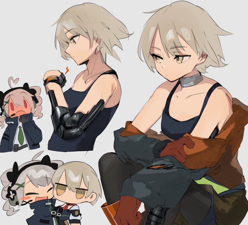 2girls ahoge bandaged_neck bandages bare_shoulders black_tank_top blush blush_stickers cheek-to-cheek chesed_(uporyz) chibi commentary_request drill_hair full-face_blush girls&#039;_frontline gloves grey_background grey_hair heads_together headset heart heart_ahoge highres hug jacket jitome light_brown_hair mechanical_arms multiple_girls multiple_views necktie off_shoulder official_alternate_costume open_mouth pp-90_(girls&#039;_frontline) red_eyes red_gloves short_hair simple_background single_mechanical_arm smile tank_top tom_clancy&#039;s_the_division twin_drills upper_body vector_(girls&#039;_frontline) vector_(hellfire)_(girls&#039;_frontline) yellow_eyes