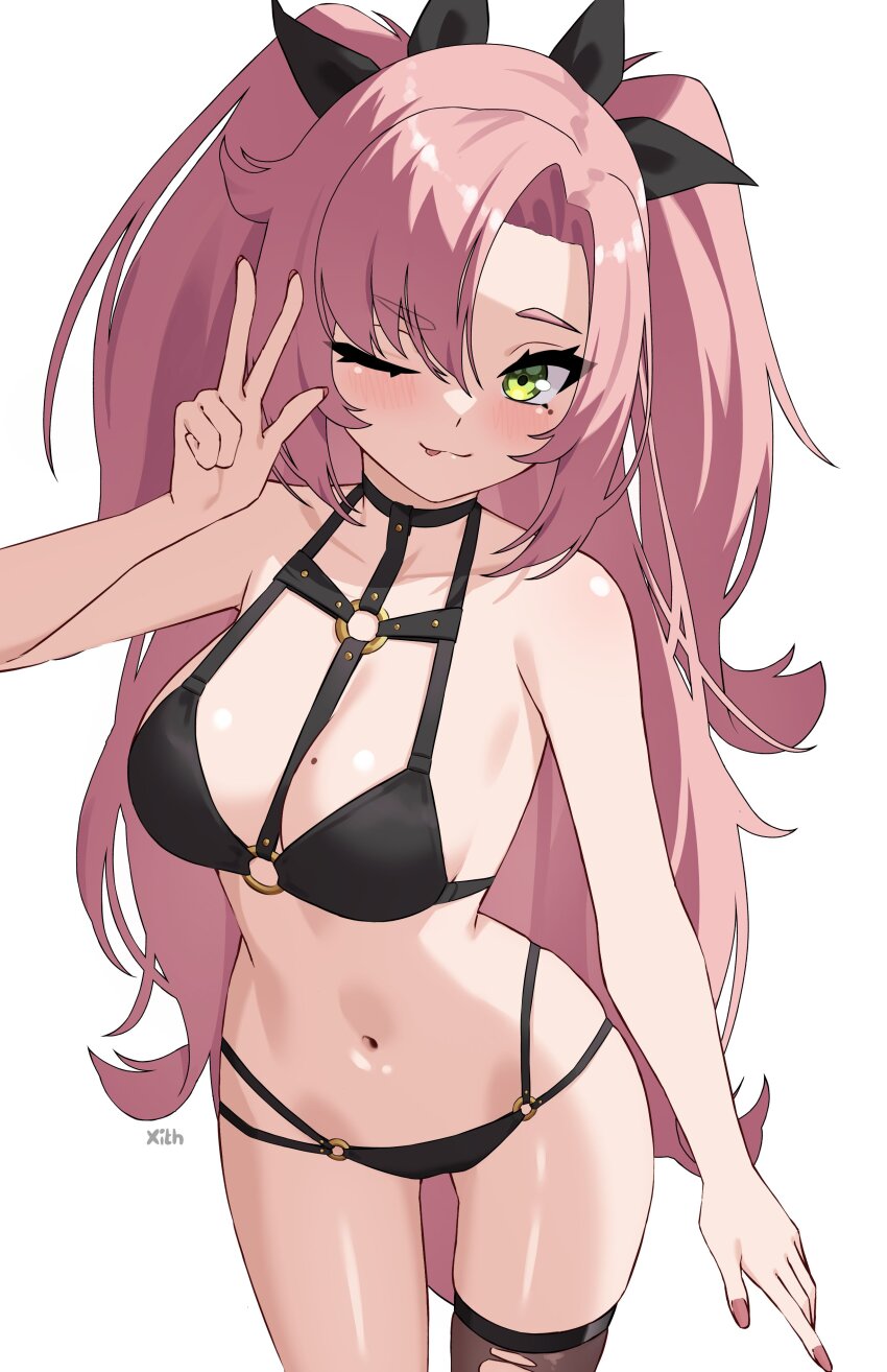 1girl absurdres artist_name bare_shoulders bikini black_bikini black_ribbon black_thighhighs breasts cowboy_shot green_eyes hair_ribbon highres large_breasts long_hair mole mole_on_breast mole_under_eye navel nicole_demara one_eye_closed pink_hair pink_nails ribbon simple_background single_bare_leg single_thighhigh solo stomach swimsuit thighhighs tongue tongue_out torn_clothes torn_thighhighs twintails w white_background x_xith_x zenless_zone_zero