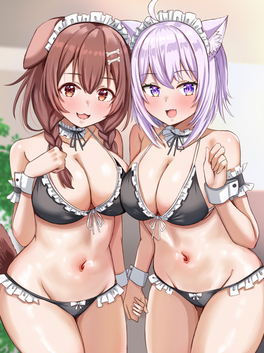 2girls :3 ahoge alternate_costume animal_ear_fluff animal_ears bikini black_bikini blush bone_hair_ornament breasts brown_eyes brown_hair cat_ears cat_girl cleavage dog_ears dog_girl dog_tail fang hair_ornament highres holding_hands hololive inugami_korone large_breasts looking_at_viewer maid maid_bikini maid_headdress medium_hair multiple_girls navel nekomata_okayu nootomo open_mouth purple_eyes purple_hair skin_fang smile swimsuit tail unconventional_maid virtual_youtuber white_wrist_cuffs wrist_cuffs